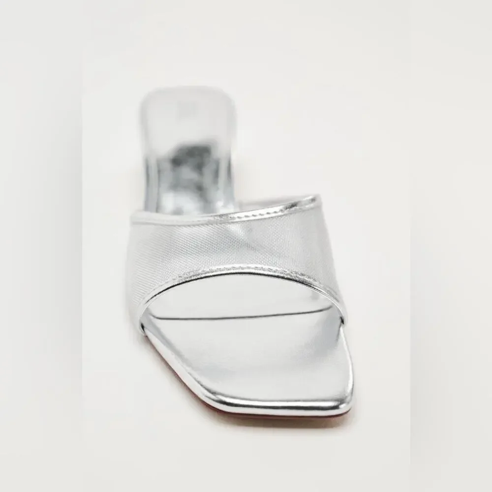 Zara Silver METALLIC MESH HEELED SLIDES Size 7.5 - Picture 4 of 13